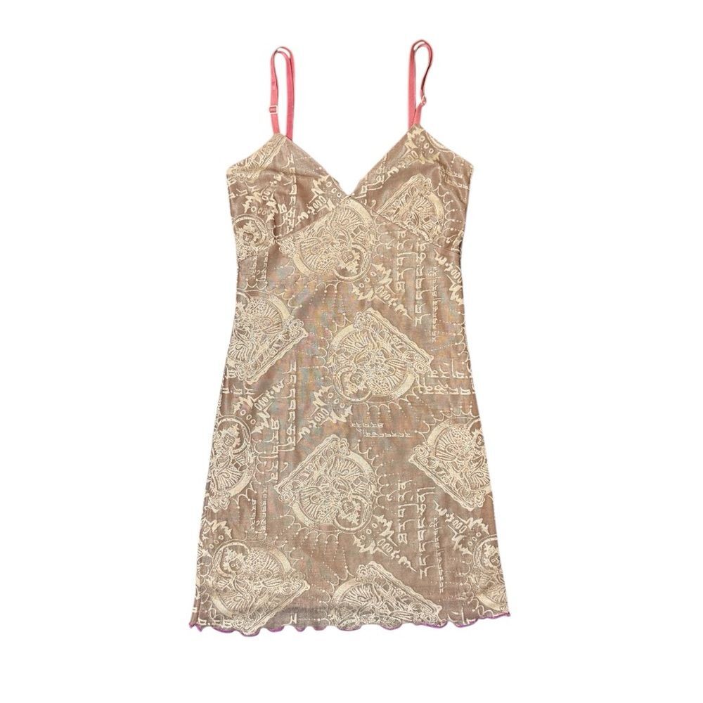 Y2K Fla-Fla Paris Nude Buddah Print Lined Lace Mini Dress Size Extra Small